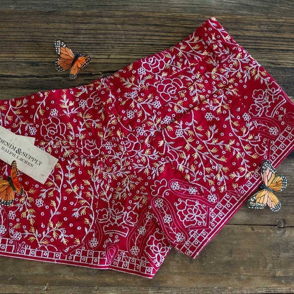 DENIM & SUPPLY RED EMBROIDERED SHORTS NWT - Picture 4 of 4